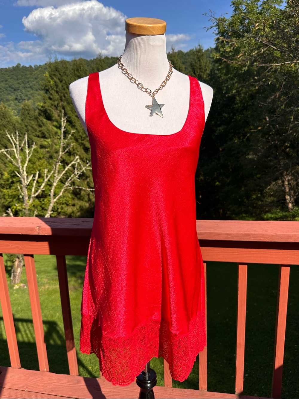 Vintage Victoria's Secret Red Satin Lace-Hem Chemise Slip Mini Dress
